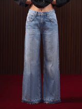 WOMEN'S FLARED WIDE LEG JEANS MID BLUE