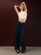 Wide Leg Cross-over Waist Jeans Rinse