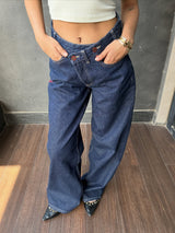 Wide Leg Cross-over Waist Jeans Rinse