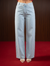 Wide Leg Cross-over Waist Jeans Light Blue
