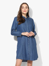 Full Sleeve Denim Dress With Cross Stitch Embroidered