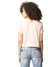 Round Neck Peach Crop T-Shirt With Print