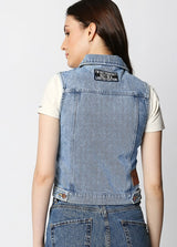 Hamburg Mid Blue Vest Jacket With Embroidery Patch