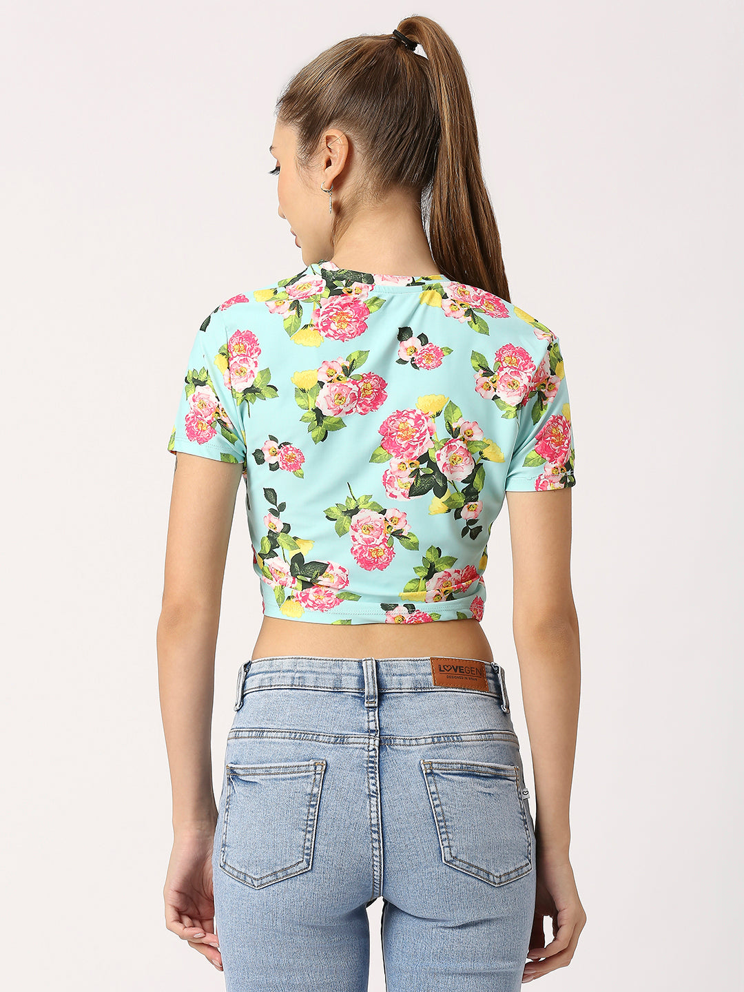 Floral Round Neck Short Sleeve Fitted Crop Top