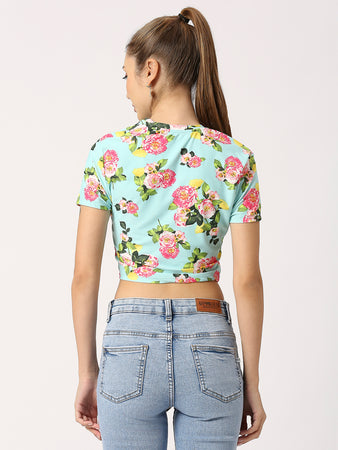 FLORAL ROUND NECK SHORT SLEEVE FITTED CROP TOP
