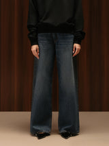 Wide Leg Cross-over Waist Jeans Dark Blue