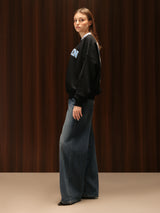 Wide Leg Cross-over Waist Jeans Dark Blue