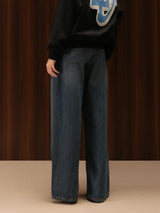 Wide Leg Cross-over Waist Jeans Dark Blue