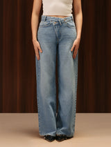 Wide Leg Cross-over Waist Jeans Mid Blue