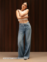Wide Leg Cross-over Waist Jeans Mid Blue