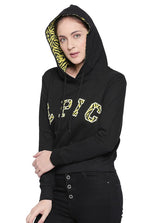 Long Sleeve Black Sweatshirt With Printed Inner Hood And Applique Patches