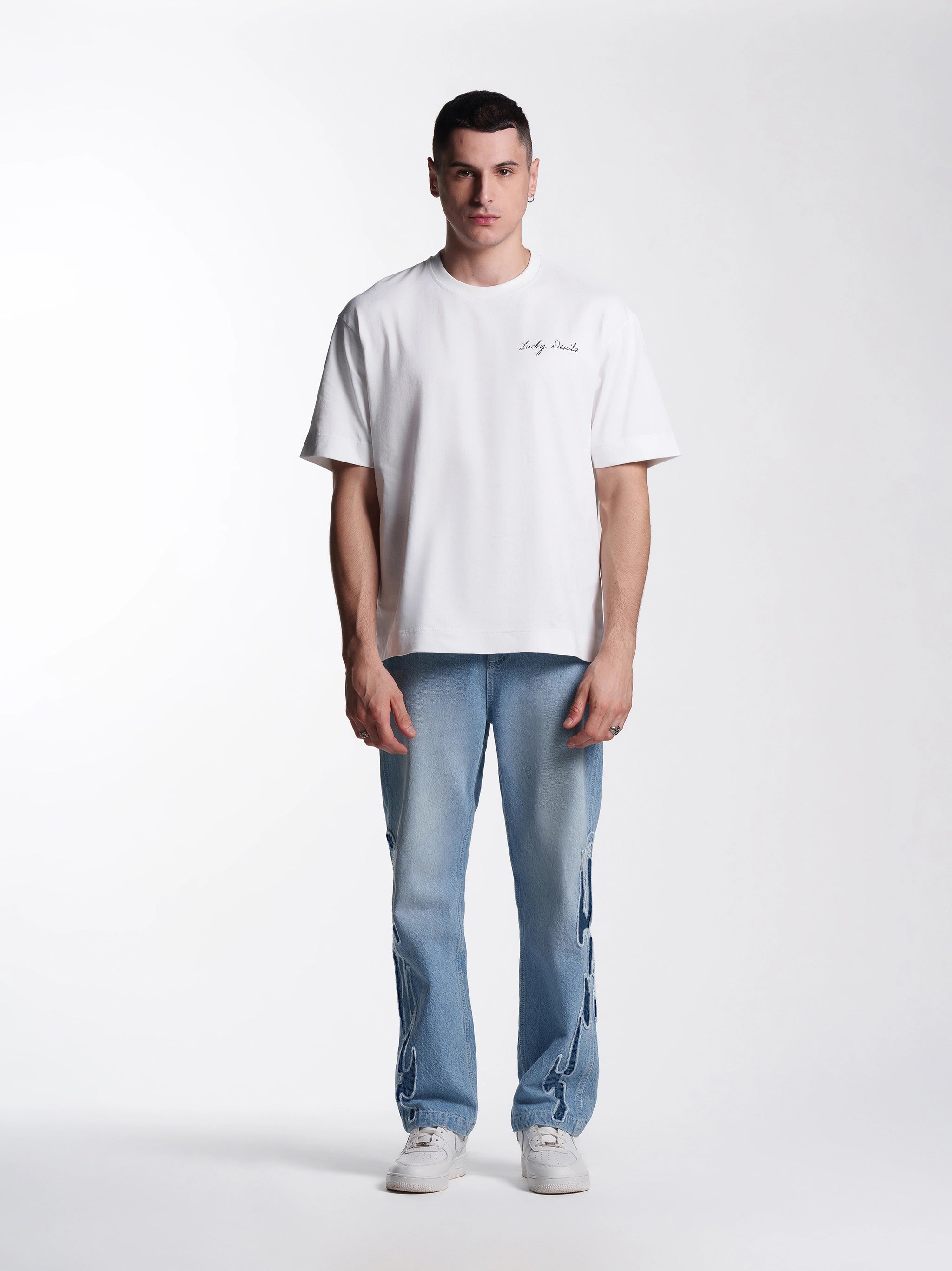 Unisex Embroidered Flame Straight Jeans