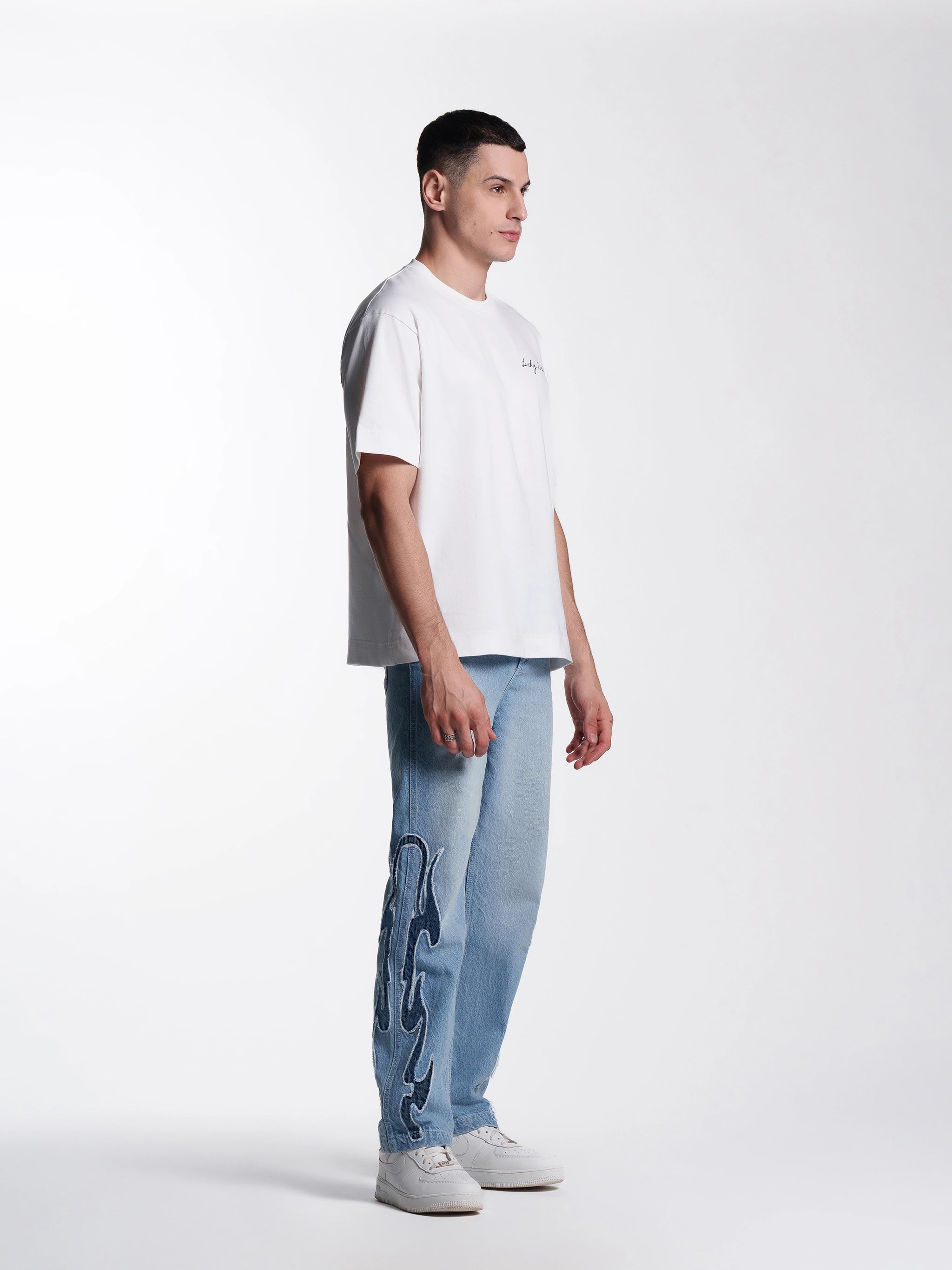 Unisex Embroidered Flame Straight Jeans