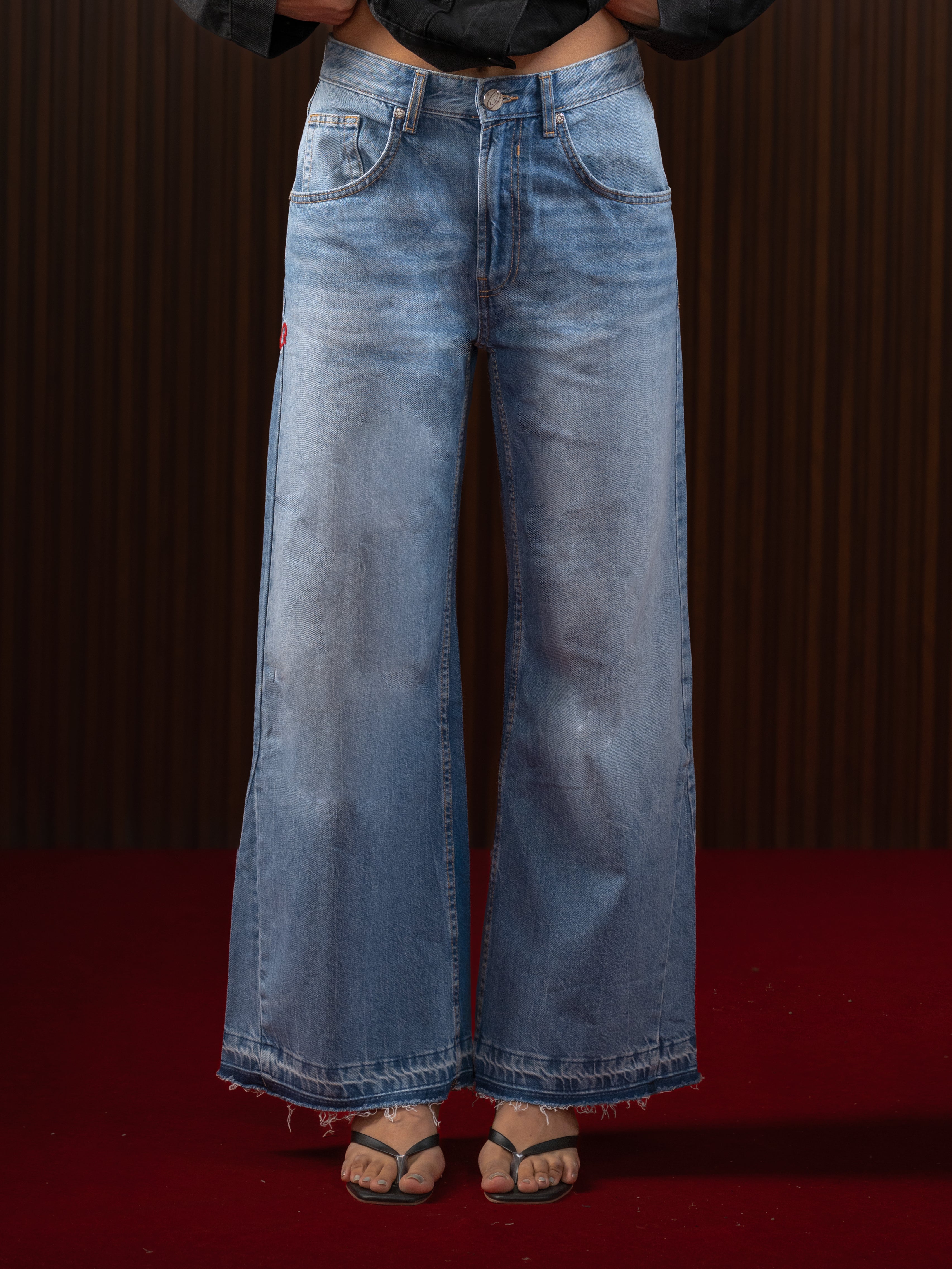 WOMEN'S FLARED WIDE LEG JEANS MID BLUE