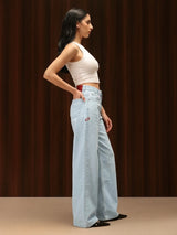 Wide Leg Cross-over Waist Jeans Light Blue