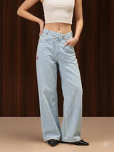 Wide Leg Cross-over Waist Jeans Light Blue