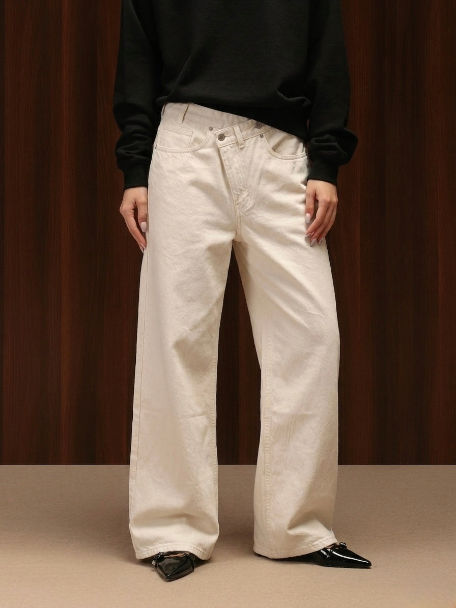 Wide Leg Cross-over Waist Jeans White