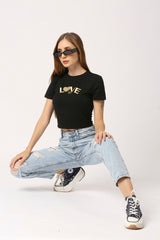 Women Black Round Neck Short Sleeve Fitted Crop Printed T-Shirt