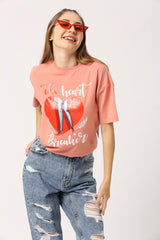 Women Coral Red Typography Printed T-Shirt