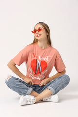 Women Coral Red Typography Printed T-Shirt