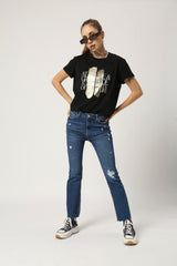 Women Black Printed Cotton T-Shirt