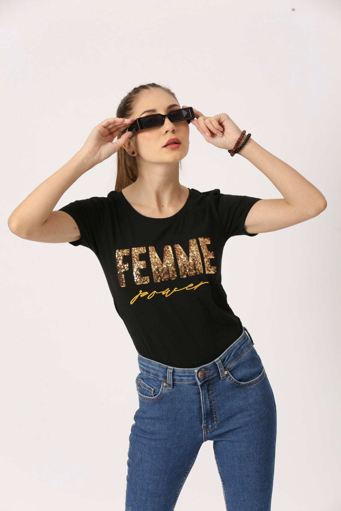 Women Black Remi Round Neck Short Sleeve Fitted Crop Printed T-Shirt