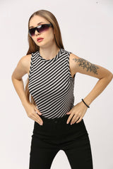 Women Multi Color Stripe Round Neck Sleeveless Fitted Top