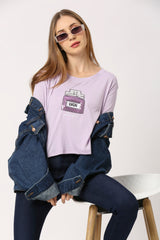 Women Purple Opal Round Neck Short Sleeve Crop Printed T-Shirt