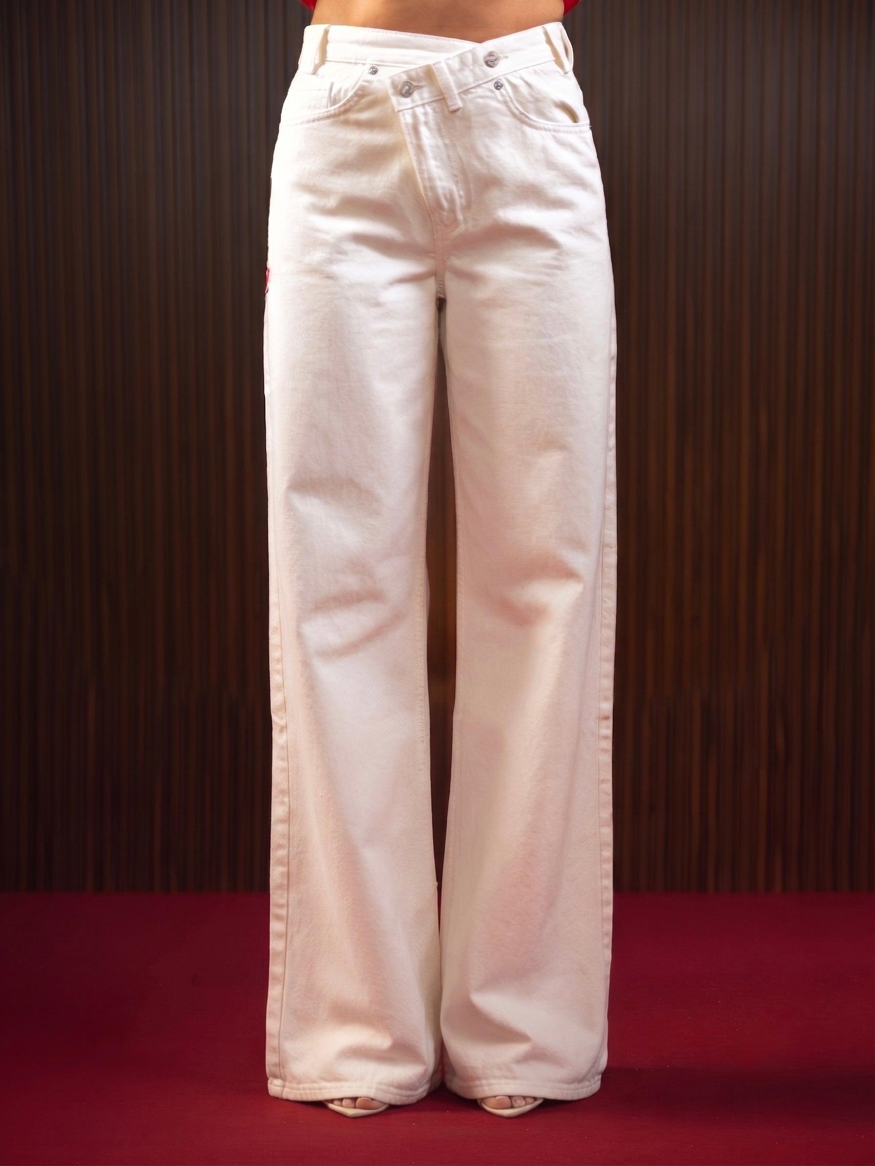 Wide Leg Cross-over Waist Jeans White