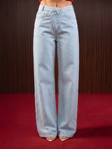 Wide Leg Cross-over Waist Jeans Light Blue