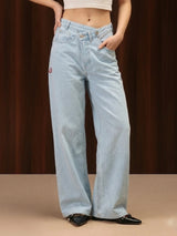 Wide Leg Cross-over Waist Jeans Light Blue
