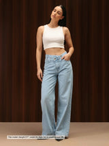 Wide Leg Cross-over Waist Jeans Light Blue