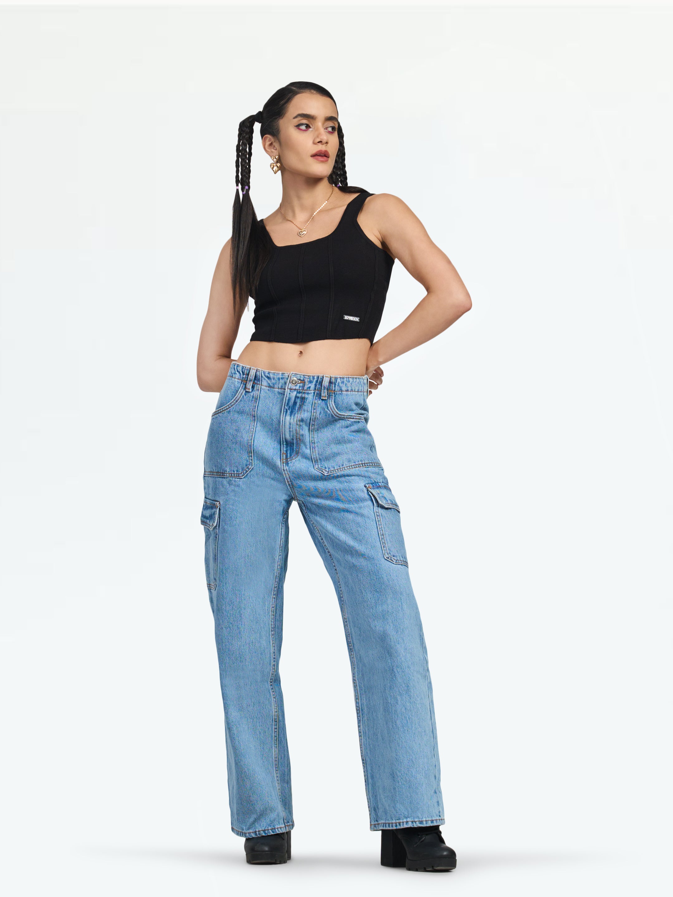 Women's Mid Blue Munich Cargo Jeans