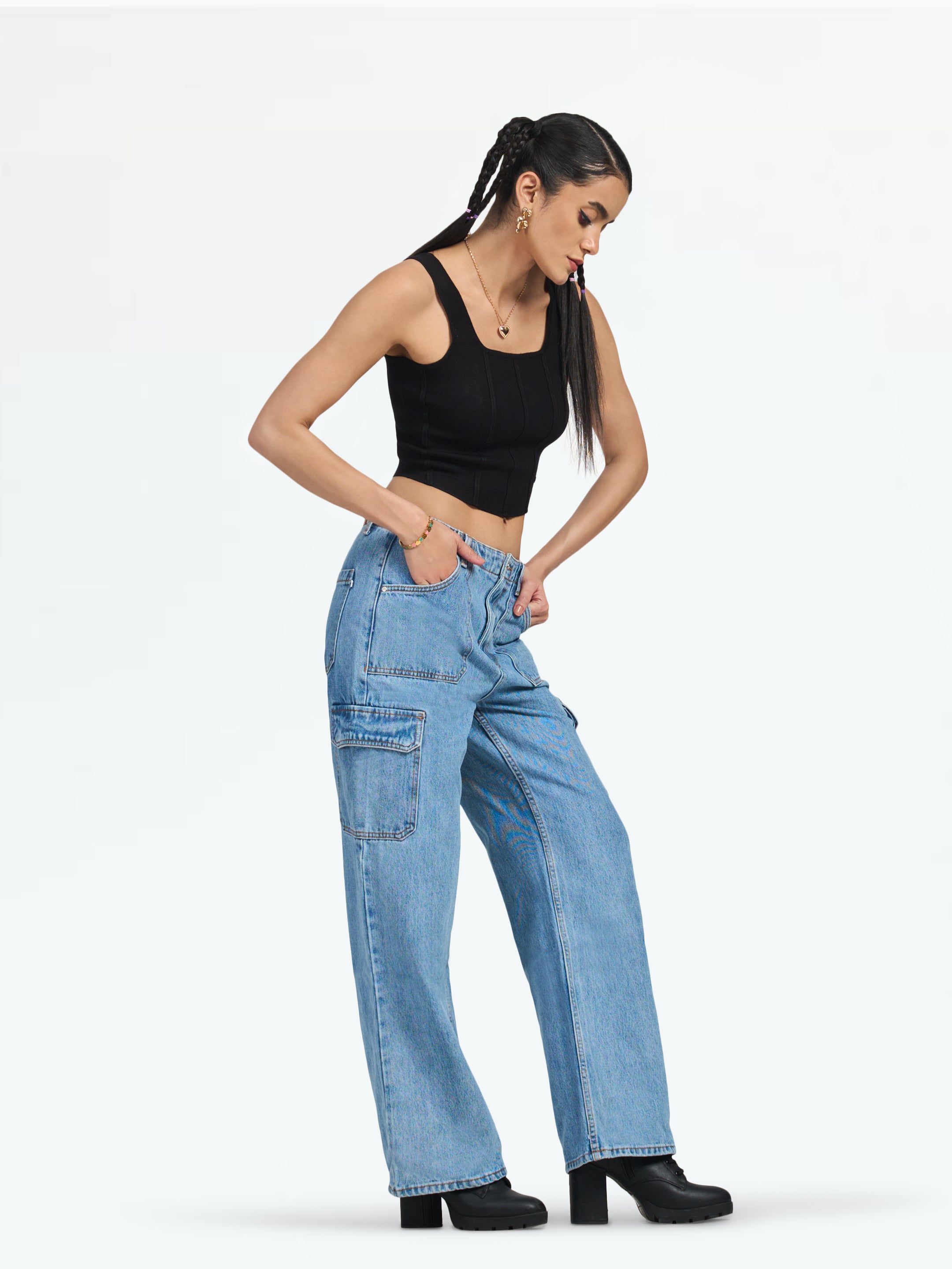 Women's Mid Blue Munich Cargo Jeans