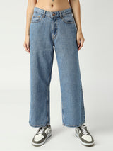 Women's Mid Blue Seattle Cropped Wide Leg Jeans