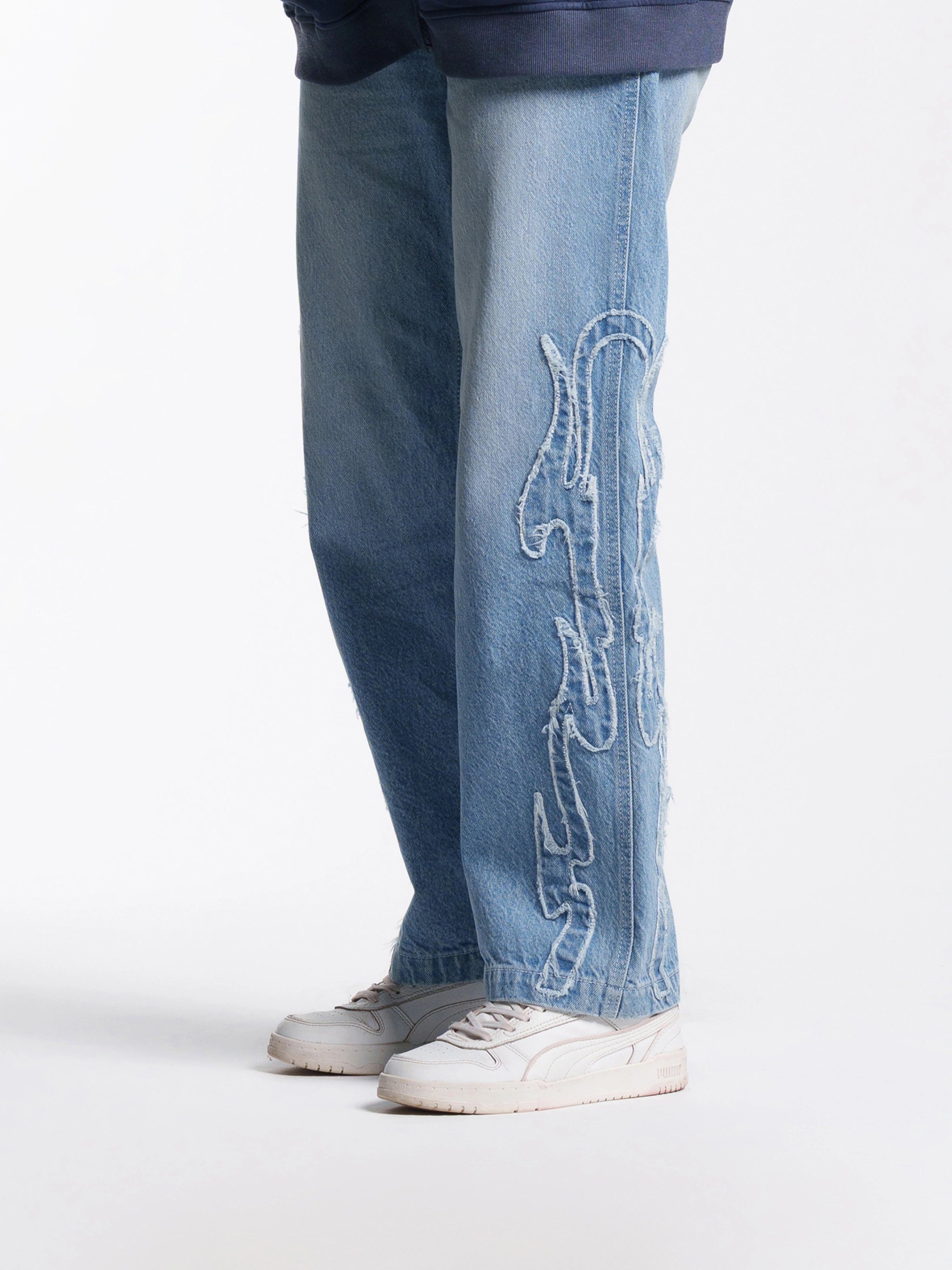 Unisex Frayed Flame Jeans Straight