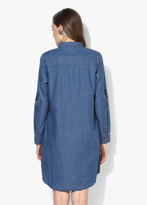 FULL SLEEVE DENIM DRESS WITH CROSS STITCH EMBROIDE