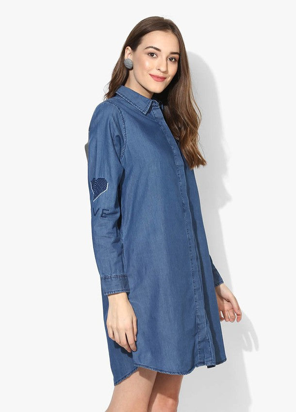 FULL SLEEVE DENIM DRESS WITH CROSS STITCH EMBROIDE