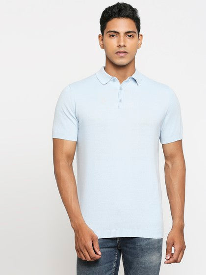 Sky Blue Basic Polo Neck Short Sleeve Knitted T-Shirt