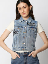 Hamburg Mid Blue Vest Jacket With Embroidery Patch