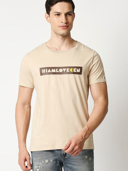 IamLoveGen Cream Basic Round Neck Short Sleeve T-Shirt With Print