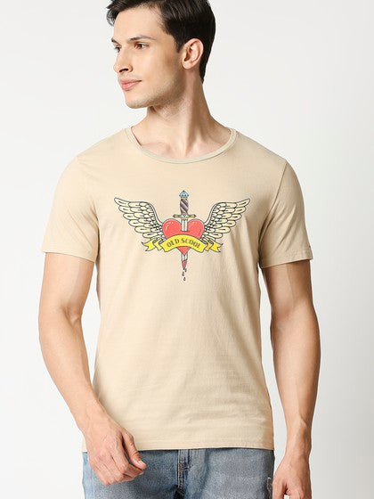 LoveWings Cream Basic Round Neck Short Sleeve T-Shirt With Print