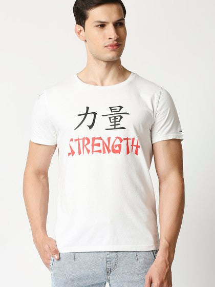 Strength White Basic Round Neck Short Sleeve T-Shirt With Print