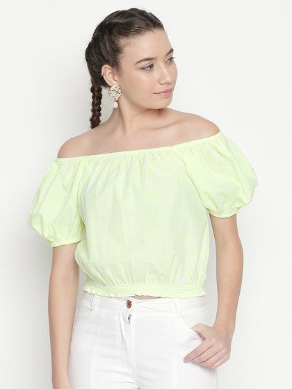 SMOCKED WAIST TOP WITH GATHERED PUFF SLEEVE